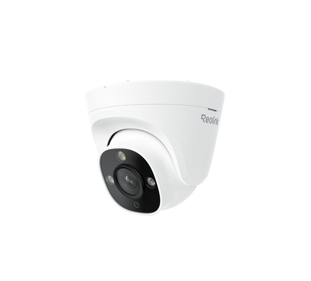 Witte Reolink 8MP PoE turret beveiligingscamera met ingebouwde spotlight en zwarte lensmodule voor buiten.