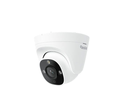 Witte Reolink 8MP PoE turret beveiligingscamera met ingebouwde spotlight en zwarte lensmodule voor buiten.
