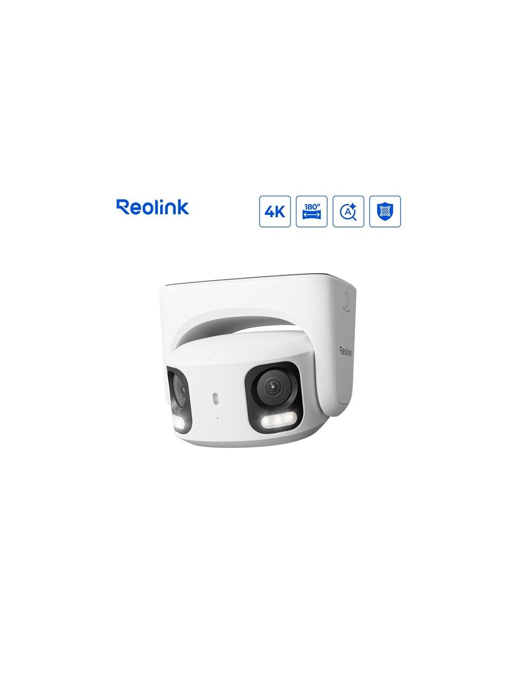 Witte Reolink 8MP dual-lens turret beveiligingscamera met 180° panoramisch beeld en geïntegreerde spotlights.