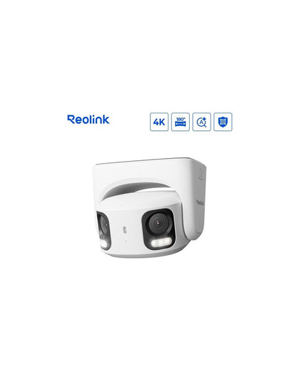 Witte Reolink 8MP dual-lens turret beveiligingscamera met 180° panoramisch beeld en geïntegreerde spotlights.