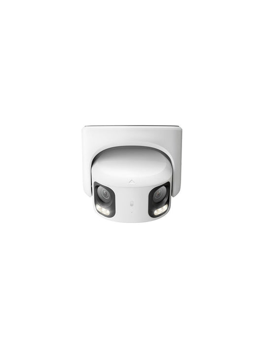 Witte Reolink 16MP dual-lens turret beveiligingscamera met 180° panoramisch zicht, ingebouwde spotlights en metalen behuizing.