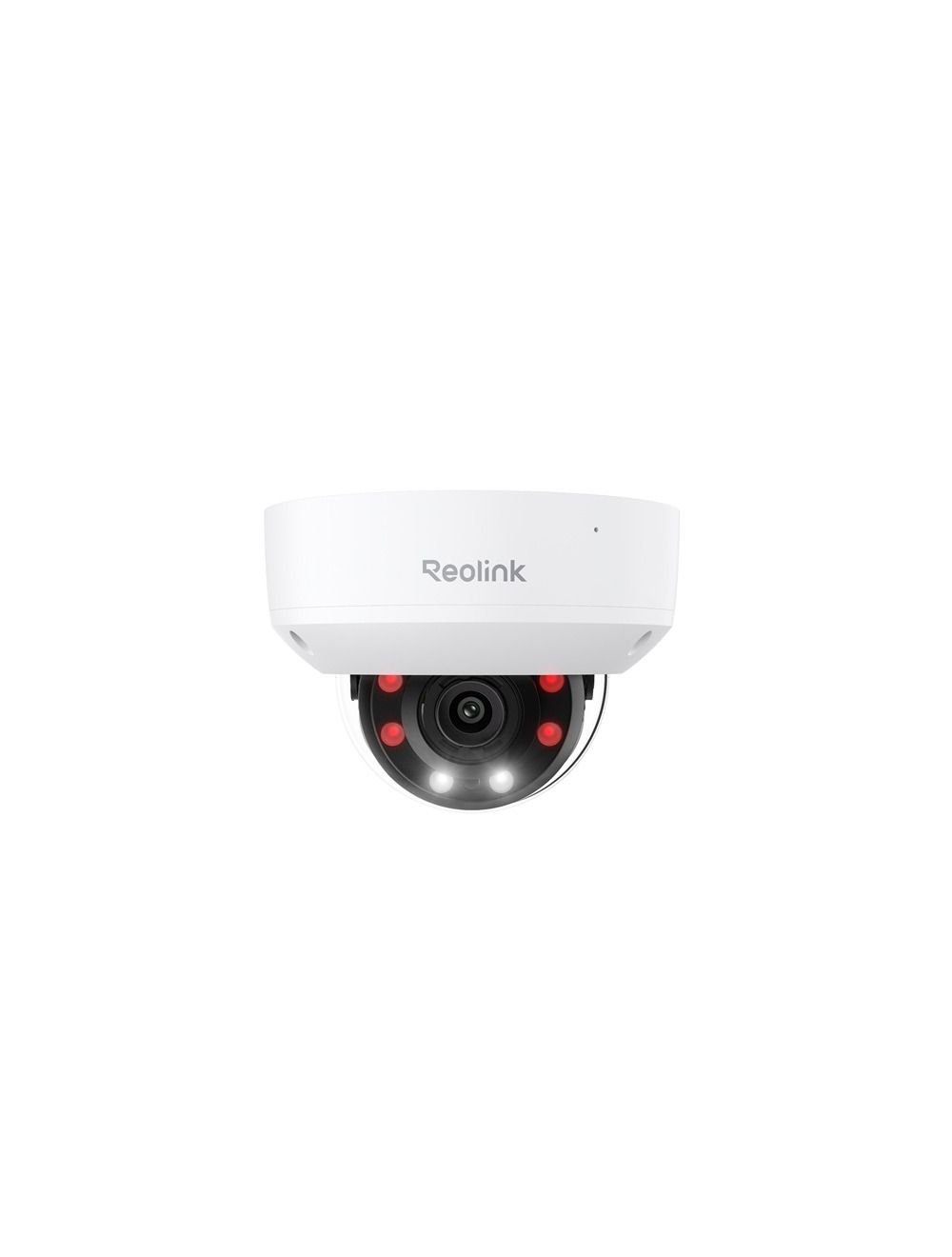 Witte Reolink 8MP PoE domecamera met 5x optische zoom, spotlight en infrarood-nachtzicht in een vandalismebestendige behuizing.