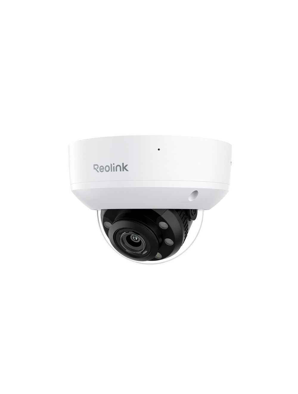 Witte Reolink 8MP PoE domecamera met zwarte lens en robuuste behuizing voor buitenbeveiliging.