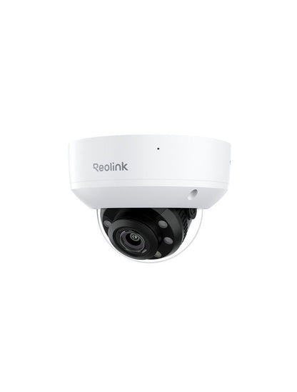 Witte Reolink 8MP PoE domecamera met zwarte lens en robuuste behuizing voor buitenbeveiliging.