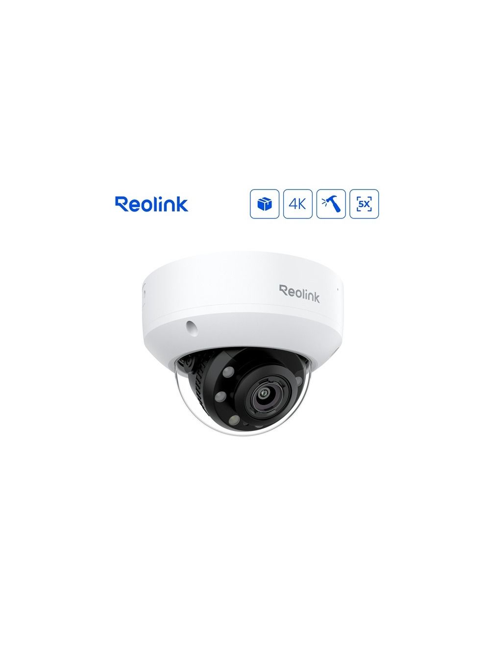 Witte Reolink 4K PoE dome beveiligingscamera met 5x optische zoom en vandalismebestendige behuizing.