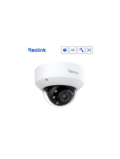Witte Reolink 4K PoE dome beveiligingscamera met 5x optische zoom en vandalismebestendige behuizing.