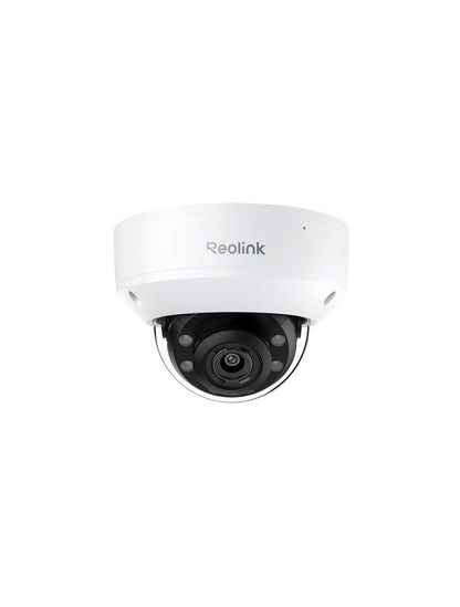 Witte Reolink 8MP PoE domecamera met zwarte lensbehuizing en robuust design voor buitenbeveiliging.