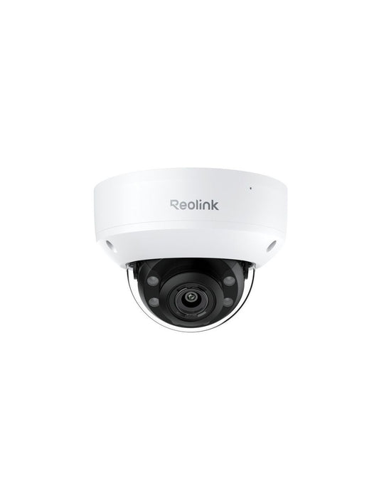 Witte Reolink 8MP PoE domecamera met zwarte lensbehuizing en robuust design voor buitenbeveiliging.