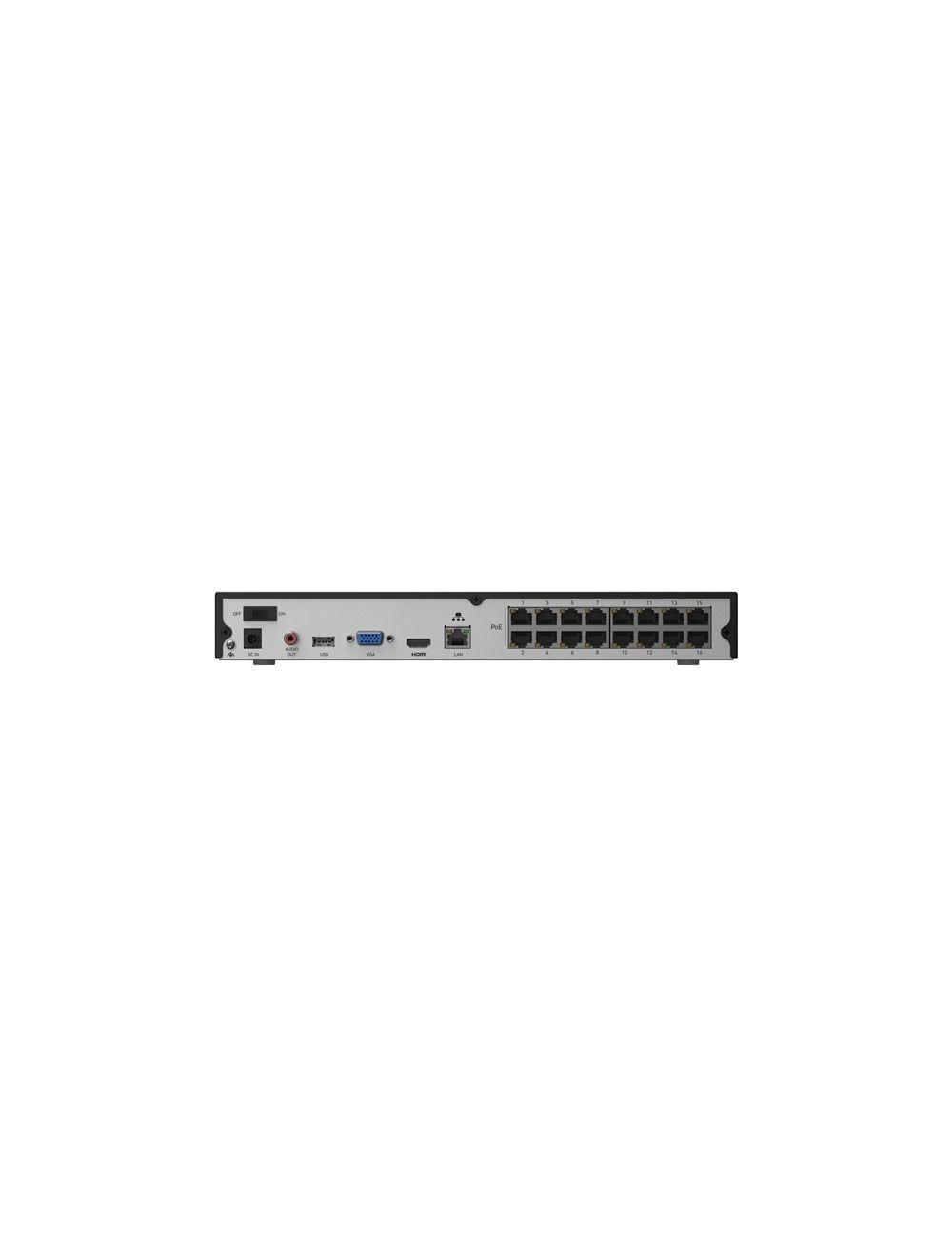 Achterkant van zwarte Reolink 16-kanaals PoE NVR met 16 netwerkpoorten, HDMI, VGA en USB-aansluitingen.