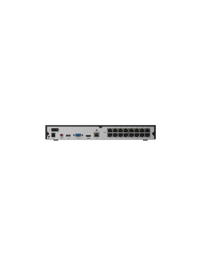 Achterkant van zwarte Reolink 16-kanaals PoE NVR met 16 netwerkpoorten, HDMI, VGA en USB-aansluitingen.