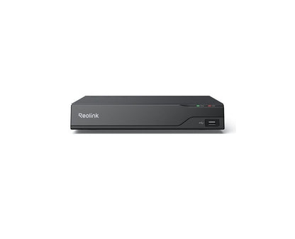 Zwarte Reolink 8-kanaals PoE NVR recorder met USB-poort en statuslampjes op een strakke behuizing.