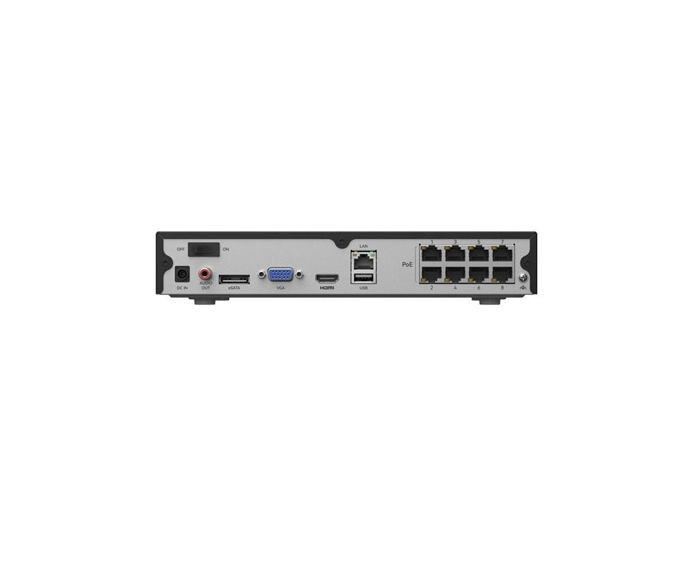 Zwarte Reolink 8-kanaals PoE NVR recorder achterkant met acht PoE-poorten, HDMI, VGA en diverse aansluitingen.