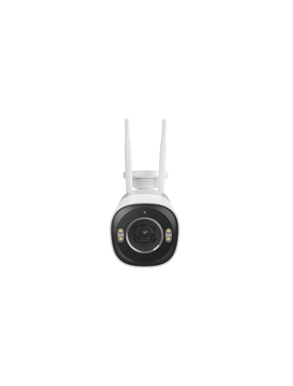 Witte Reolink 8MP WiFi 6 bullet buitencamera met twee antennes, lens, spotlight en zwarte frontplaat.