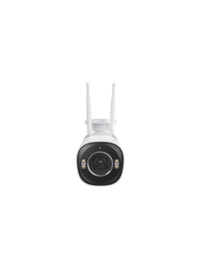 Witte Reolink 8MP WiFi 6 bullet buitencamera met twee antennes, lens, spotlight en zwarte frontplaat.