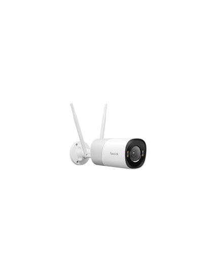 Witte Reolink 8MP WiFi 6 bullet buitencamera met twee antennes, 5x optische zoom en ingebouwde spotlight.
