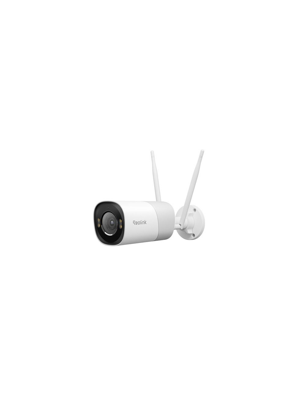 Witte Reolink 8MP WiFi 6 bullet beveiligingscamera met twee antennes en spotlight voor buiten.