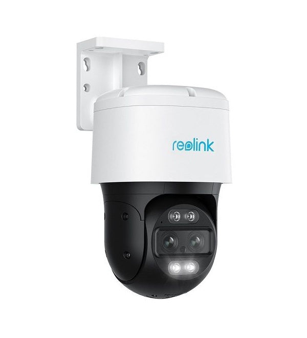 Witte Reolink TrackMix P760 dual-lens PTZ-camera met zwarte behuizing, 4K-lenzen en ingebouwde spotlights.