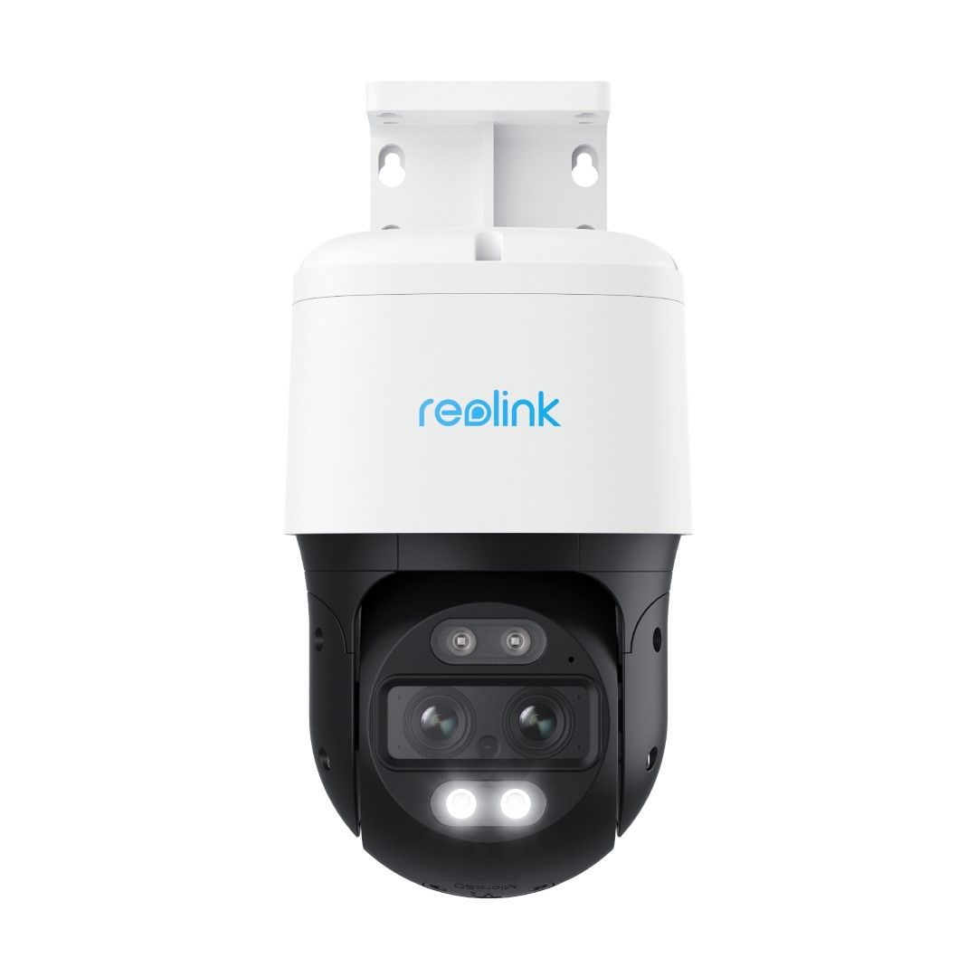 Reolink TrackMix P760 witte PoE PTZ-camera met dual-lens systeem en ingebouwde spotlights voor nachtzicht.