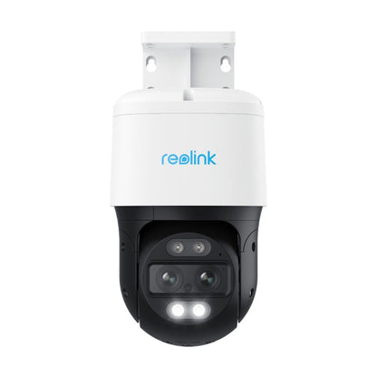 Reolink TrackMix P760 witte PoE PTZ-camera met dual-lens systeem en ingebouwde spotlights voor nachtzicht.
