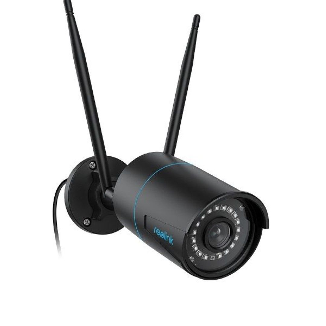 Zwarte Reolink W320 5MP WiFi bullet beveiligingscamera met dubbele antenne en IR-nachtzicht voor buiten.