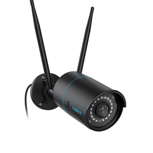 Zwarte Reolink W320 5MP WiFi bullet beveiligingscamera met dubbele antenne en IR-nachtzicht voor buiten.
