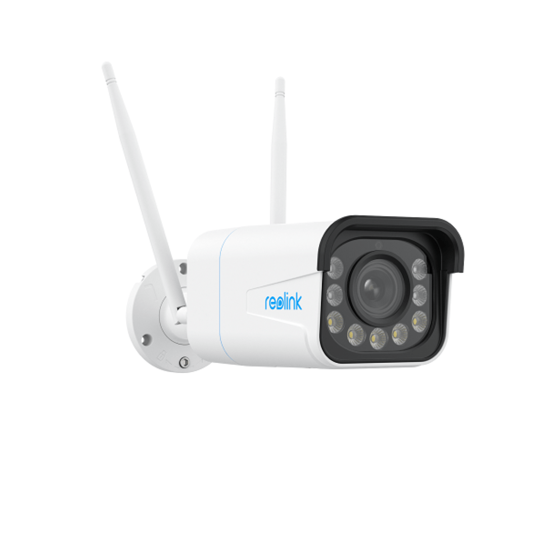 Witte Reolink W430 8MP WiFi bulletcamera met dubbele antennes, spotlight en 5x optische zoom voor buiten.