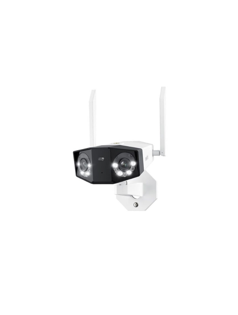 Witte Reolink W730 dual-lens bullet camera met 180° panoramisch beeld, twee antennes en ingebouwde spotlights.