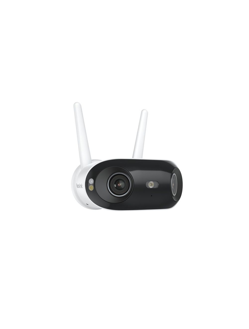 Witte Reolink W740 dual-lens beveiligingscamera met twee antennes en zwarte lensbehuizing voor buiten.