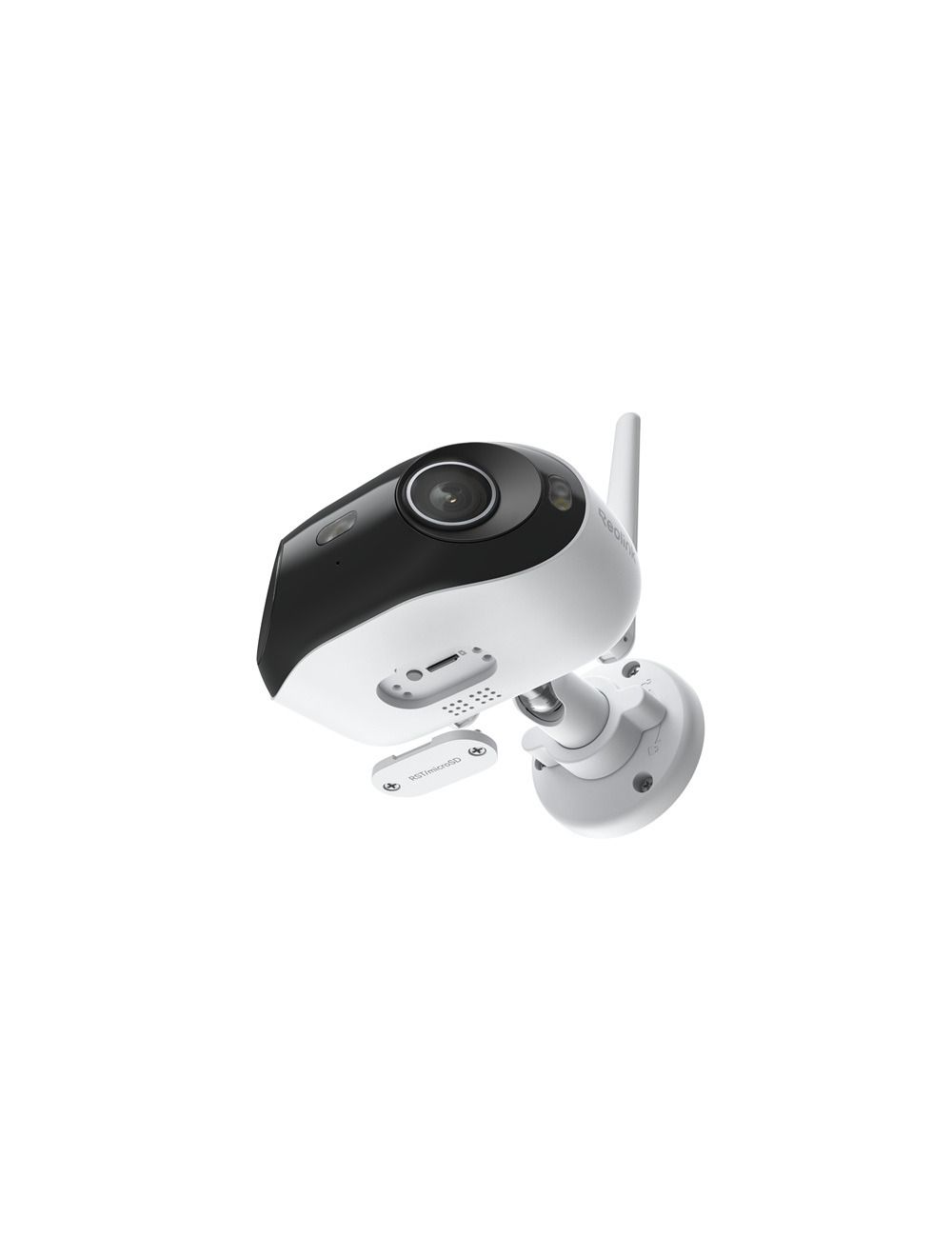 Reolink W740 witte dual-lens bullet beveiligingscamera met zwarte lensbehuizing, WiFi-antenne en muurbevestiging.
