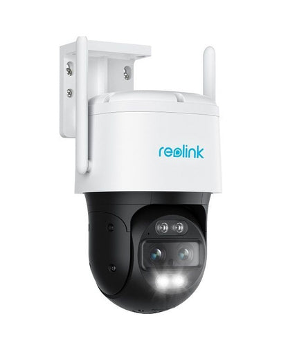Witte Reolink W760 8MP dual-lens PTZ-beveiligingscamera met zwarte dome, twee antennes en ingebouwde spotlight.