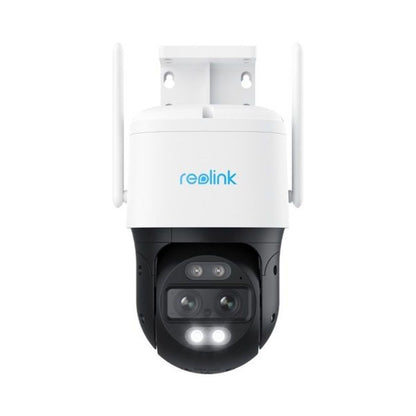 Witte Reolink W760 8MP dual-lens PTZ-beveiligingscamera met twee antennes en ingebouwde spotlight voor nachtzicht.