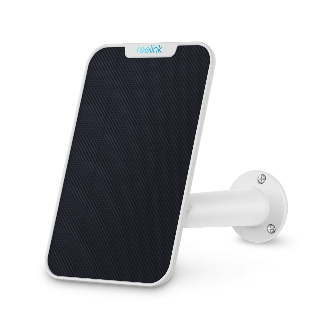 Wit Reolink Zonnepaneel 2 met 6W vermogen en USB-C aansluiting, inclusief verstelbare witte muurbeugel.
