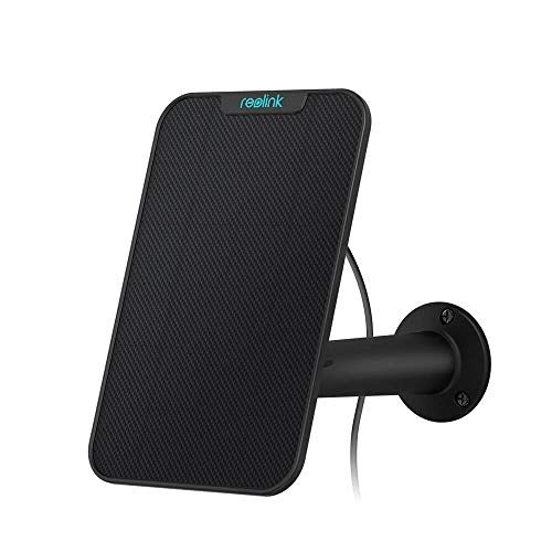 Zwart Reolink Zonnepaneel 2 met 6W vermogen, USB-C aansluiting en verstelbare muurbeugel voor batterijcamera's.