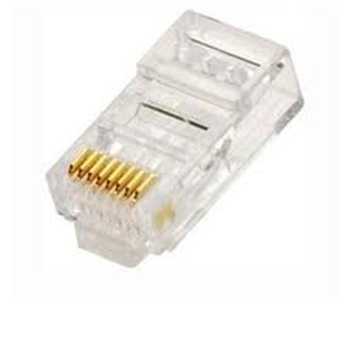 Transparante RJ45 CAT6 connector met acht goudkleurige contactpunten voor UTP netwerkkabels.