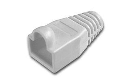 Witte kunststof RJ45 knikbeschermer voor UTP netwerkkabels met geribbelde trekontlasting tegen kabelbreuk.