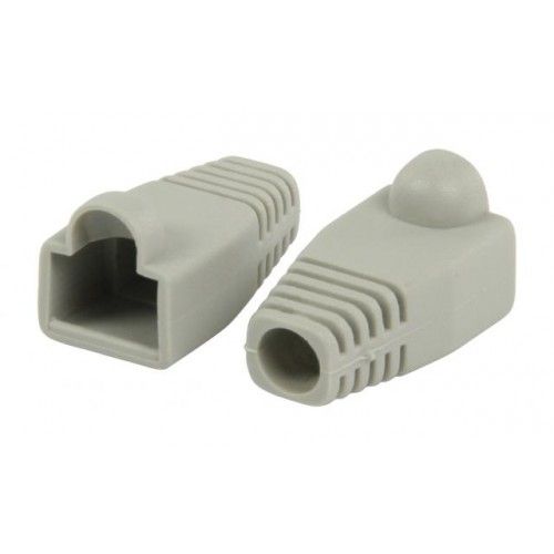 Twee grijze kunststof RJ45 knikbeschermers voor UTP netwerkkabels met geribbelde trekontlasting.