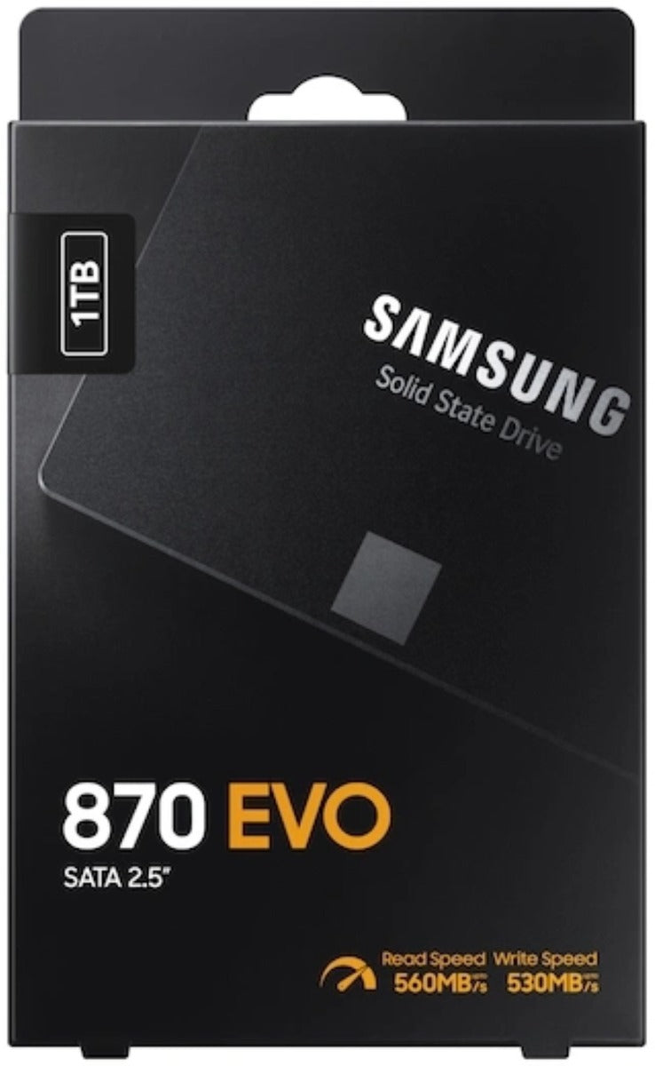 Zwarte verpakking van de Samsung 870 EVO 1TB SATA 2.5 inch SSD voor Eufy HomeBase 3 opslaguitbreiding.