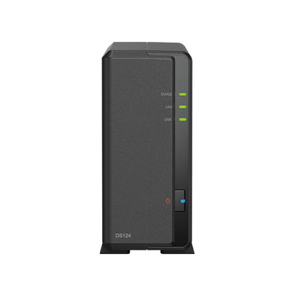 Zwarte Synology DiskStation DS124 1-bay NAS met statuslampjes en aan-uitknop in een compact, strak design.