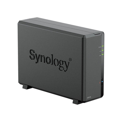 Zwarte Synology DiskStation DS124 1-bay NAS met compact design, statuslampjes en merklogo op de zijkant.