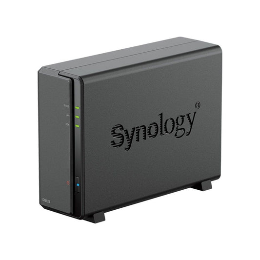 Zwarte Synology DiskStation DS124 1-bay NAS met statuslampjes en logo in een compacte behuizing.