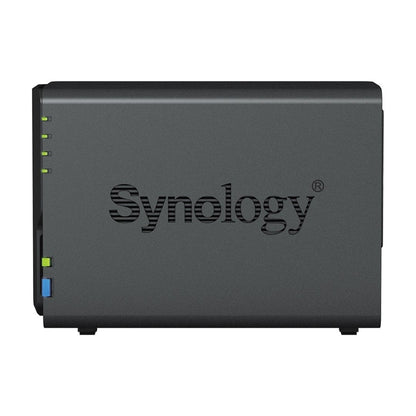 Zwarte Synology DiskStation DS223 2-bay NAS met statuslampjes en USB-poort aan de voorzijde.