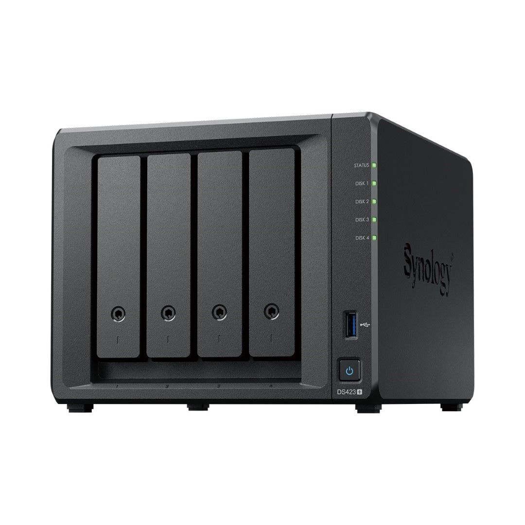 Zwarte Synology DiskStation DS425+ 4-bay NAS met vier schijfposities, statuslampjes en USB 3.2-poort aan de voorzijde.