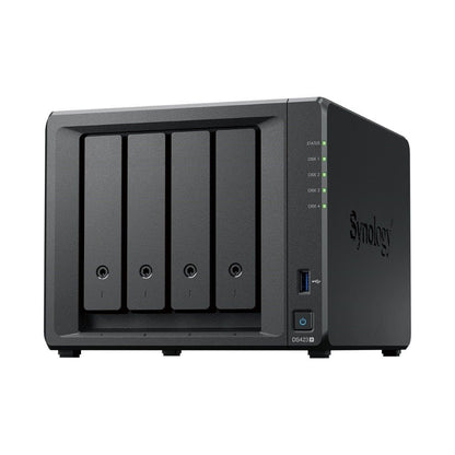 Zwarte Synology DiskStation DS425+ 4-bay NAS met vier schijfposities, statuslampjes en USB 3.2-poort aan de voorzijde.