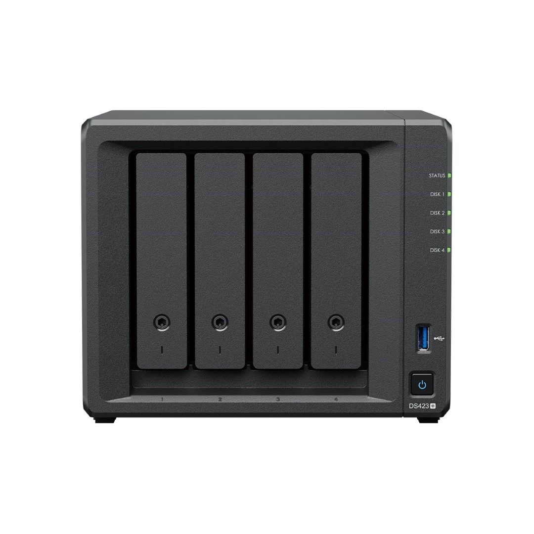 Zwarte Synology DiskStation 4-bay NAS met vier schijfslots, statuslampjes, USB-poort en aan-uitknop aan de voorzijde.