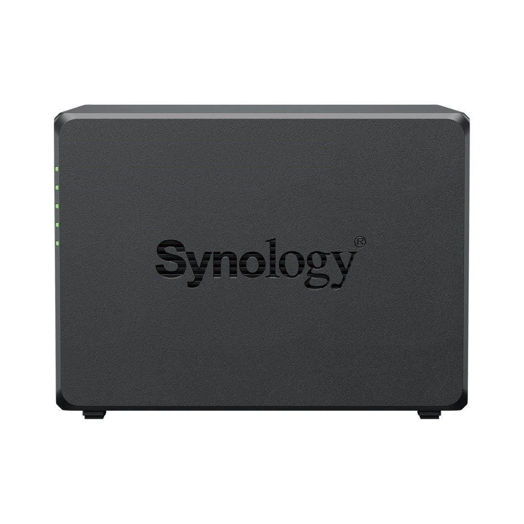 Zwarte Synology DiskStation DS425+ 4-bay NAS met strak design en statuslampjes aan de zijkant.