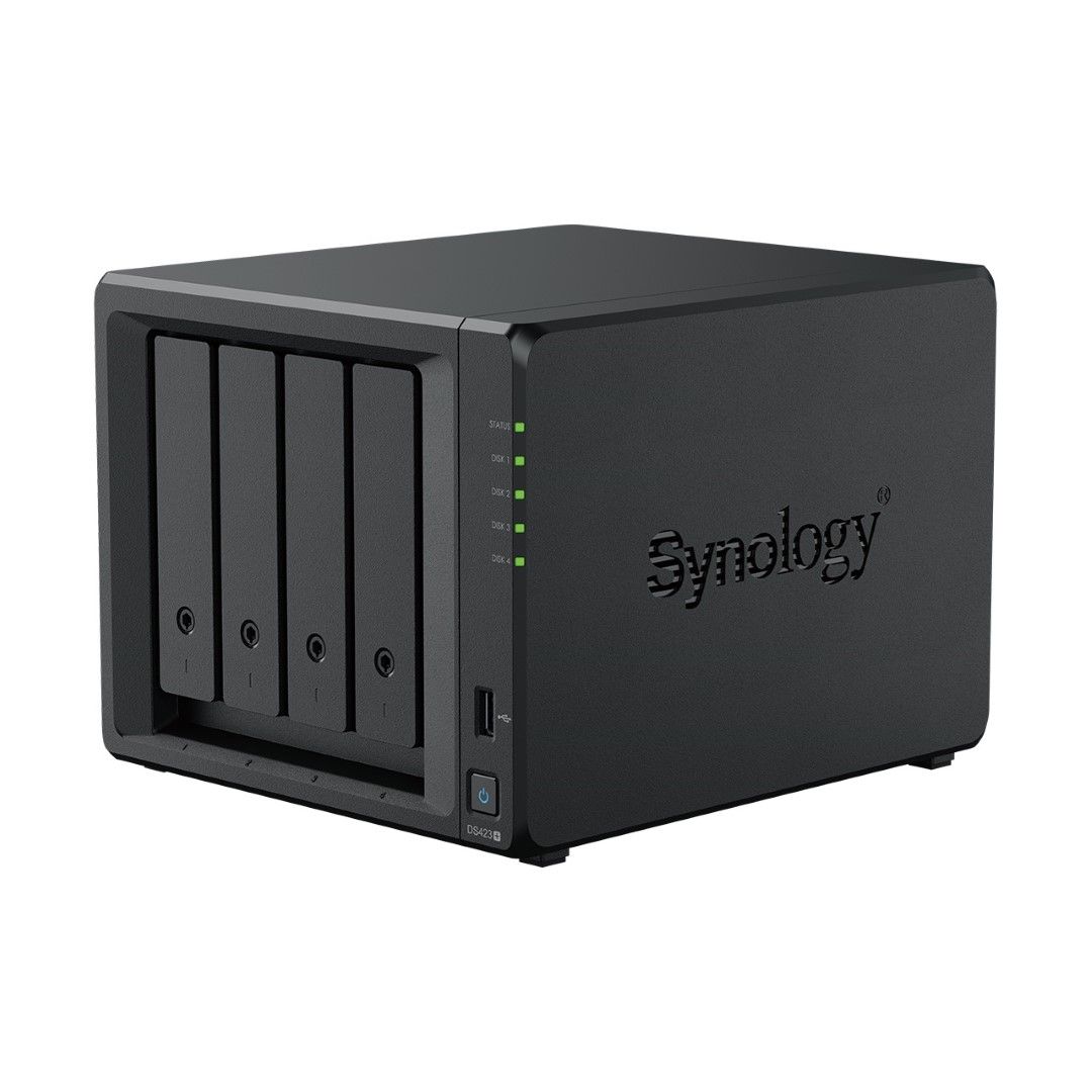 Zwarte Synology DiskStation 4-bay NAS met vier schijfslots, statuslampjes en USB-poort aan de voorzijde.