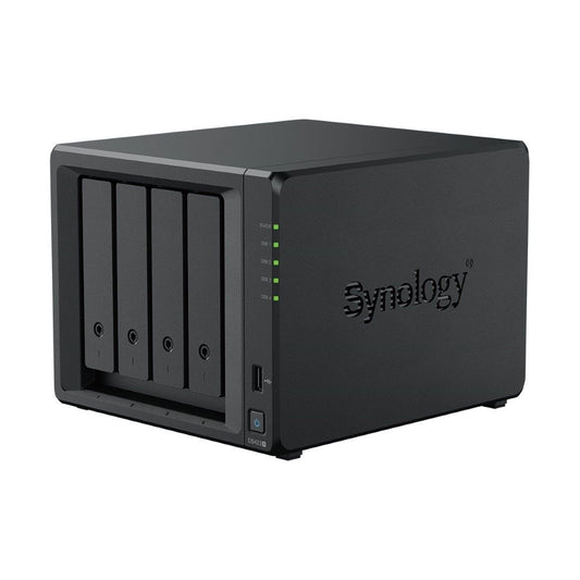 Zwarte Synology DiskStation 4-bay NAS met vier schijfslots, statuslampjes en USB-poort aan de voorzijde.