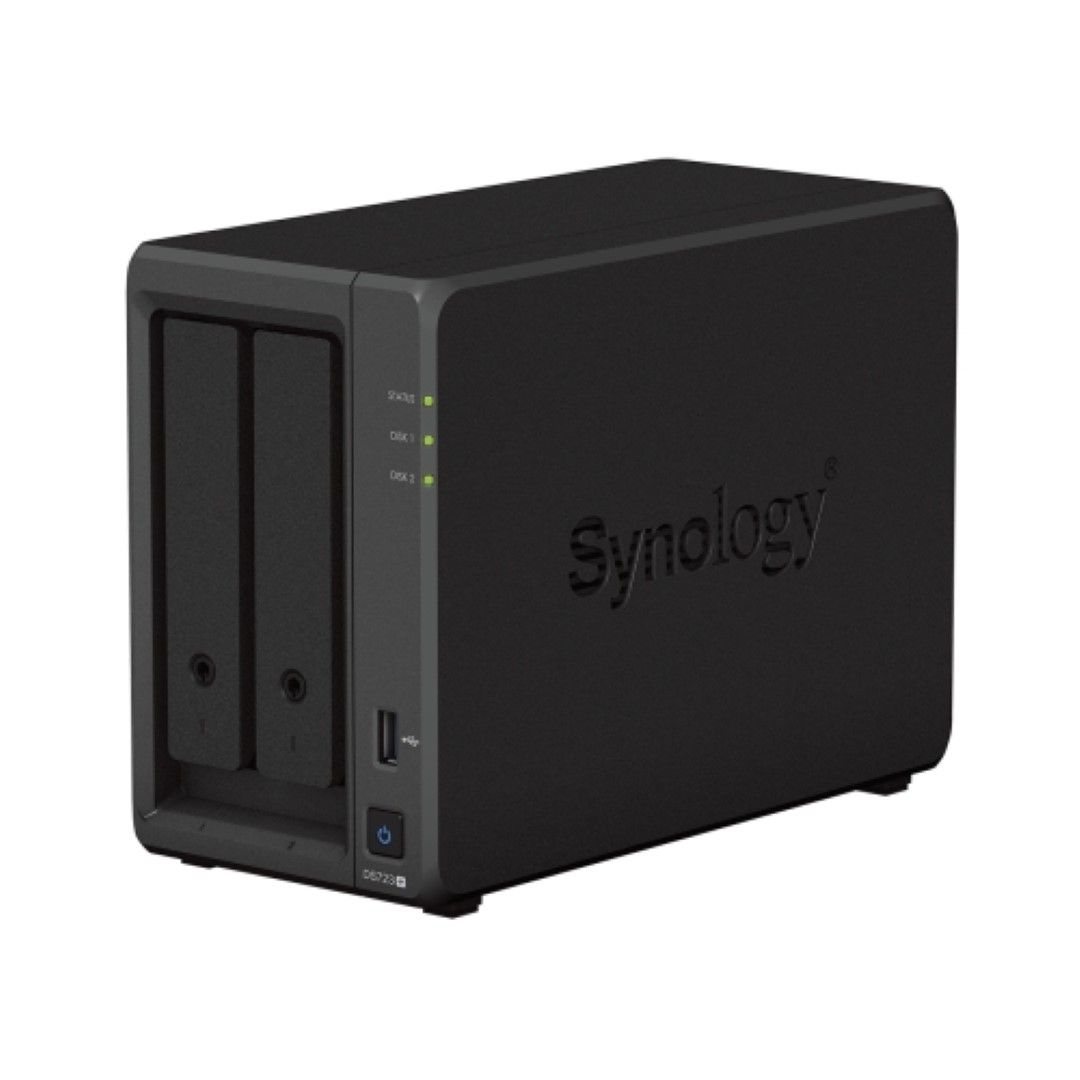 Zwarte Synology DiskStation DS725+ 2-bay NAS met twee schijfslots, statuslampjes en een USB-poort aan de voorzijde.