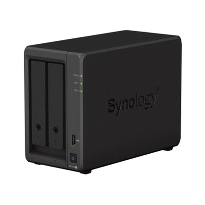 Zwarte Synology DiskStation DS725+ 2-bay NAS met twee schijfslots, statuslampjes en een USB-poort aan de voorzijde.