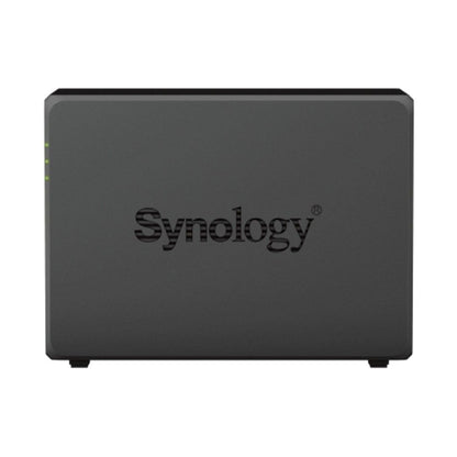 Zwarte Synology DiskStation DS725+ 2-bay NAS met compact design en LED-statuslampjes aan de voorzijde.